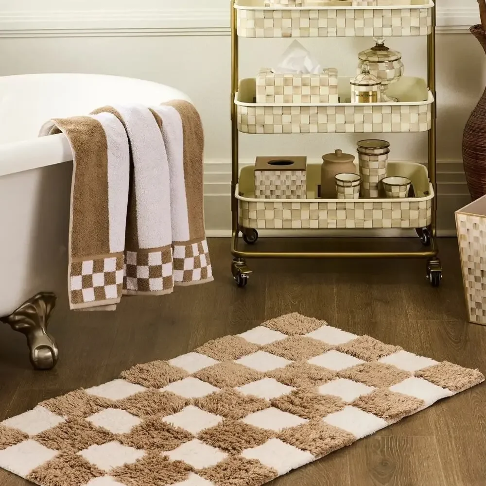 NEW Mackenzie-Childs Checkerboard Taupe Bath Rug 24x40 Cotton